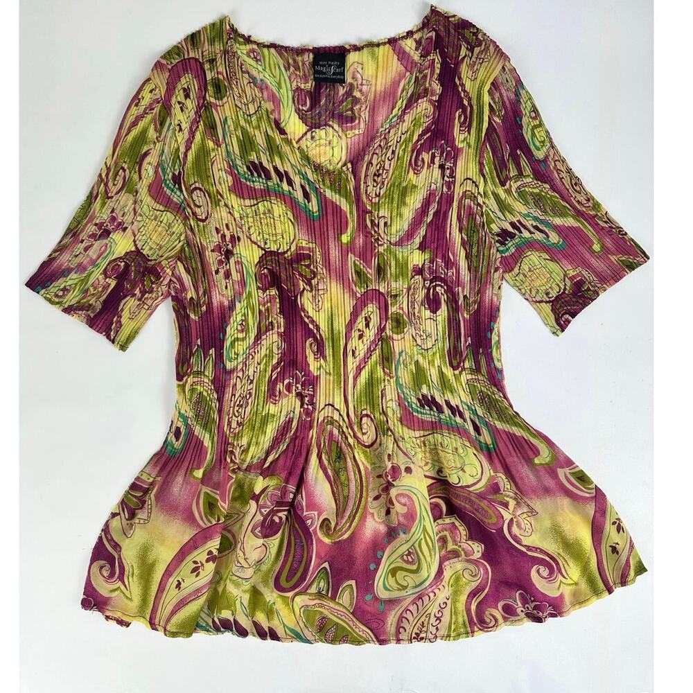 Vintage Y2K Magic Scarf Chartreuse Paisley Peplum Sheer Babydoll Top Medium - 2X